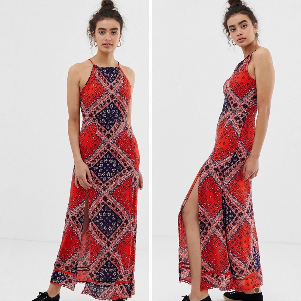SUPERDRY Boho Paisley Print Slim Fit Halter Maxi Dress with Front Slits Red 8